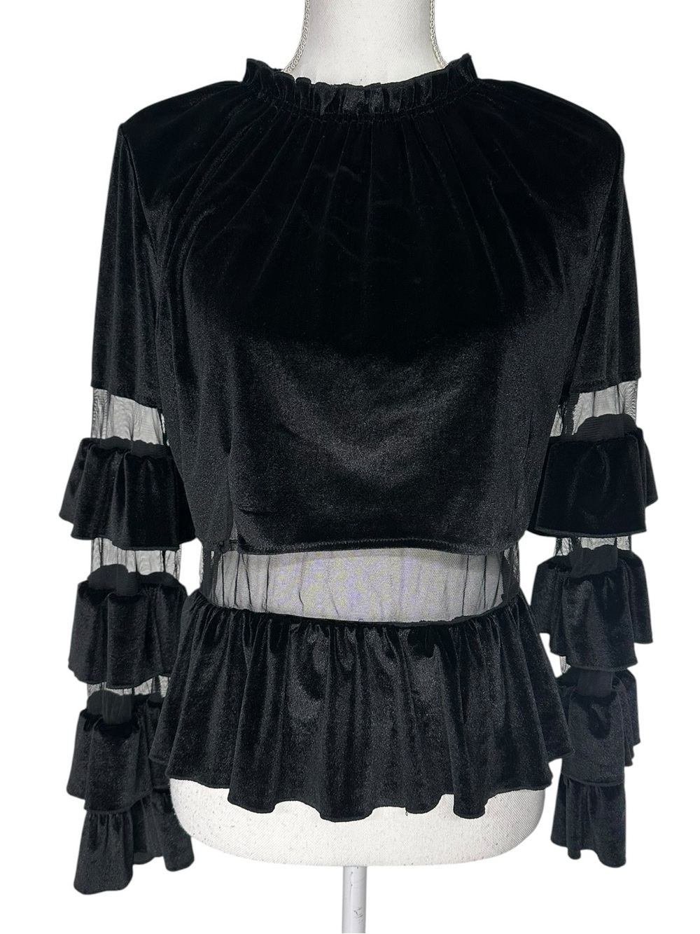 Black Velvet & Sheer Panel Ruffle Top / Medium / GRACIA / Whimsigoth Fairycore